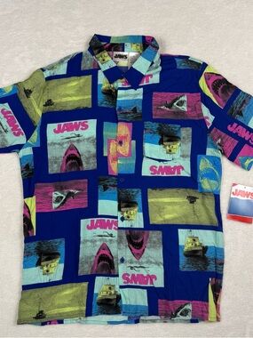 MOVIE JAWS Men's Blue Rayon Shirt with Short Sleeves Size Large SHIP